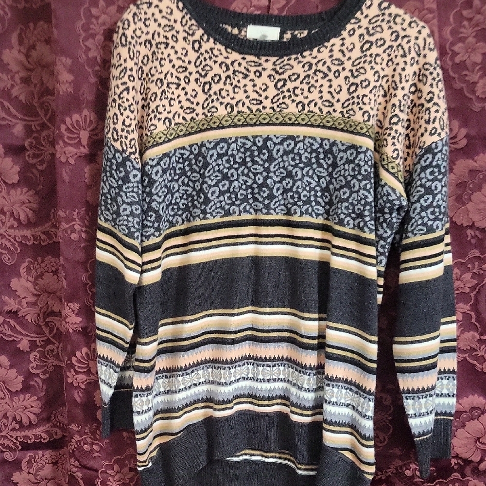 Black and Gray Crew Neck Sweater with Bold Patterns